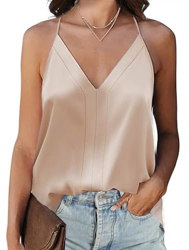 Koerye Donna in Raso con Scollo a V Seta Canotta Senza Maniche Capo Spalline Sottili Estivo Casual Canotta Maglietta Tops Champagne,L