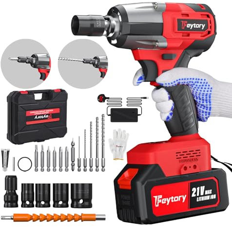 Cordless Impact Wrench, 1/2 inch Brushless Impact Gun, 2500rpm & Max Torque 550Nm, High Torque Impact Wrench with 4 Socket Sets, 12 Drill Sets, 4.0Ah Battery, Charger and Carry Box, for Car Home