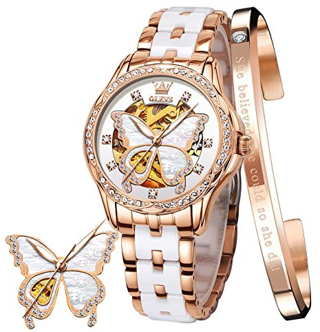 OLEVS Damen Rose Gold Automatikuhr Skelett Mechanisch Selbstaufzug Damen Elegant Luxus Kleid Schmetterling Diamant Weiß Keramik Armband Uhr Geschenk