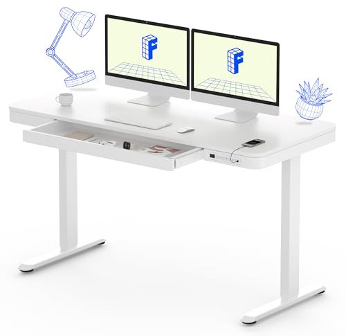 FLEXISPOT Comhar Q3 Electric Standing Desk, 140 * 70cm Home Office Height Adjustable Sit-Stand Desk with Drawer & Fast USB Chargers, White