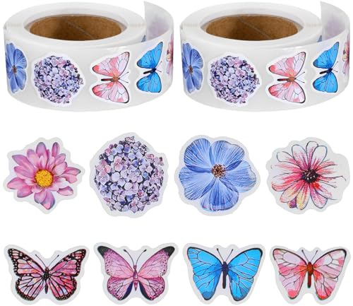 BOHUIZ 2 Rollen Sticker Blumen Schmetterlinge,1000 Stück Schmetterlings Blumen Aufkleber Dekorative Aufkleber Stickerrolle für DIY Handwerk Scrapbooking Umschläge