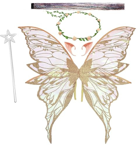 Jiahuade Alas de Hada, Fairy Wings, Alas de Hadas para Niñas, Diadema de Hada y Varita de Hada Estrella,Orejas de Elfo,Adecuado para Diversos Festivales y Fiestas de cumpleaños,Cosplay,Carnaval (Oro)