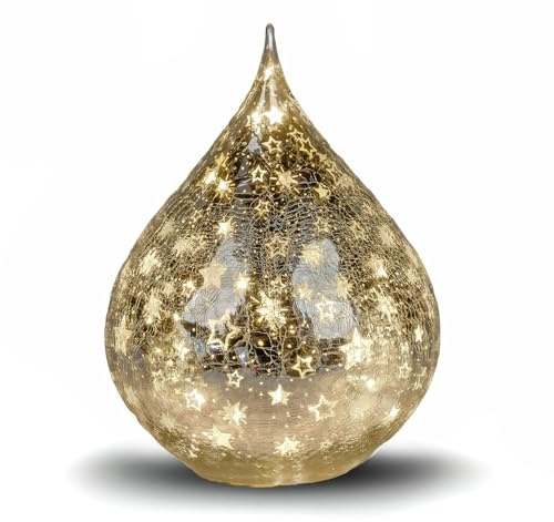 formano LED Deko Tropfen Sterne Silber 16cm Glasleuchte Crackle-Optik mit Timer (6h an/18h aus), Batteriebetrieben. - Stimmungslicht für Winter & Weihnachten - Dekoleuchte für gemütliches Zuhause