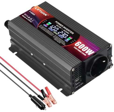 LVYUAN 600W/ 1200W Convertitore di tensione da CC 12 V a CA 220 V 1 presa CA e 2 porte USB Convertitore di corrente Inverter per auto, camper, camion