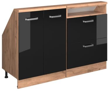 Vicco Küchenschrank für Dachschrägen R-Line, Schwarz Hochglanz, 120 cm | 2 Module · Tiefe 46 cm · Höhenverstellbare Füße · 2 Schubladen · 2 Türen