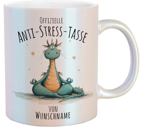 optional mit Grußkarte - bedruckte Tasse - Offizielle Anti-Stress-Tasse mit Drache - personalisierbar mit Wunschnamen - Kollegen - Familie - Fantasy-Fans - 330ml (Glitzer)