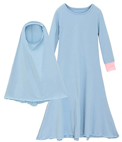 Muslimisches Baby Mädchen Ramadan Abaya mit Hijab volle Länge Robe Burka Maxi kleines Kind Kleinkind Baby Mädchen Kleider Mädchen 2t Kleidung (Himmelblau, 5-6 Jahre)