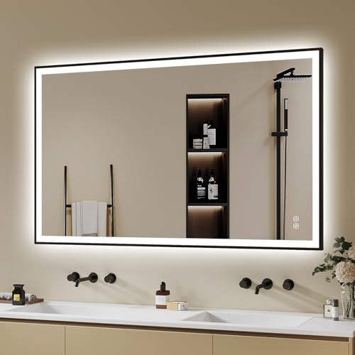 Badspiegel-mit-Beleuchtung 100x70cm - Badezimmerspiegel LED Badezimmer Spiegel mit Beleuchtung - Beschlagfrei, Dimmbar, 3 Lichtfarben, Led-Spiegel-Bad Schwarz Metallrahmen Horizontal/Vertikal