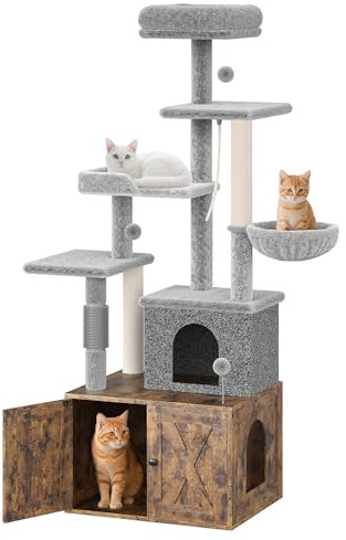 Aptliton 3-in-1 Modern Cat Tree with Hidden Litter Box Enclosure - Cat Condo Cabinet with Scratching Post, Hammock & Multiple Perches - Integrated Cat Furniture Solution for Indoor Cats - Classic
