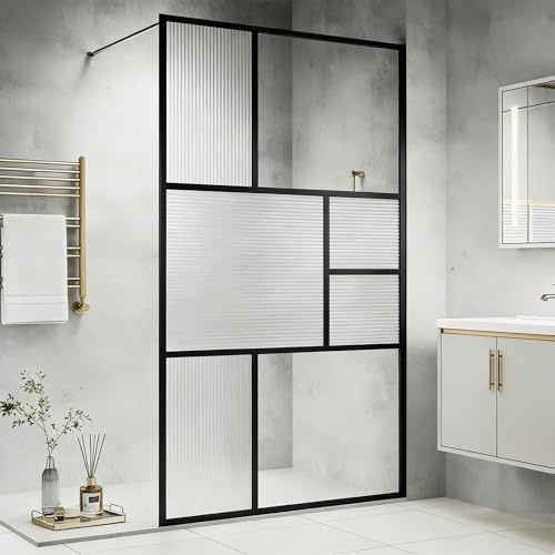 SUNXURY Walk-in Box doccia 90 x 200 cm con vetro protettivo strutturato da 8 mm, Walk in parete con asta di stabilizzazione in acciaio inox, facile da pulire e stabile, telaio nero opaco