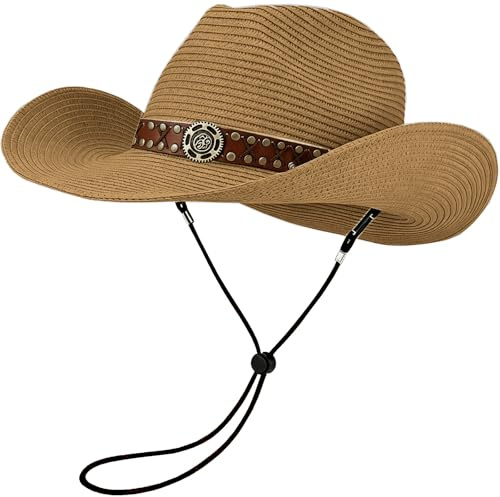 HEYANN Stroh-Cowboyhut für Damen und Herren, Sommer Faltbarer Sonnenhut Westernhut Windfestem Kinnriemen Cowgirl-Hut atmungsaktiv UV-Schutz Sonnenhut für Strand, Garten und Outdoor