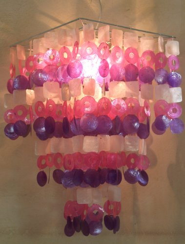GURU SHOP Deckenlampe/Deckenleuchte, Muschelleuchte aus Hunderten Capiz, Perlmutt Plättchen - Modell Sixty Weiß-rosa-lila, 70x40x40 cm
