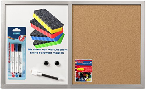 Herlitz 10685394 Pinnwand und Magnettafel, 40x60cm mit Holzrahmen, silber/Kombi-Set (inkl. Marker, Löscher & Nadeln)