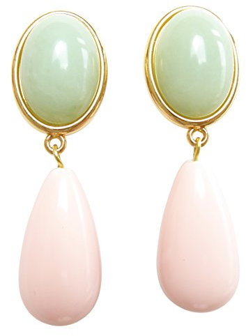 Leichte sehr große Ohr-Clips vergoldet Stein jade-grün Anhänger rosa tropfen-förmig Designer JUSTWIN Geburtstag Fest Party Geschenk stilvoll elegant