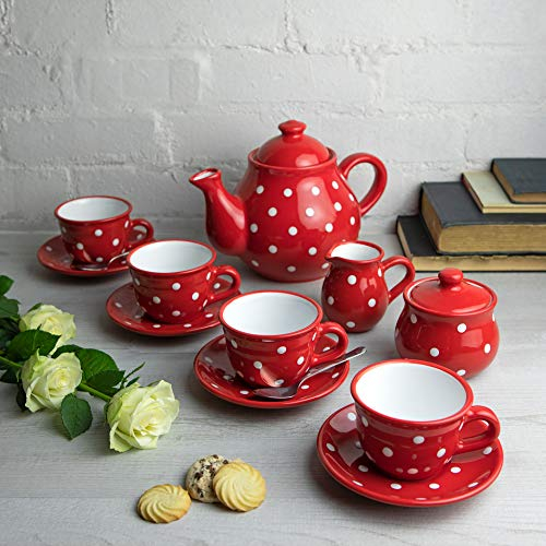 City to Cottage® Red and White Polka Dot Handmade Hand Painted Ceramic Large 1,7l/60oz/4-6 Cup Teapot, Milk Jug, Sugar Bowl with 4 Cups and Saucers Tea Set
