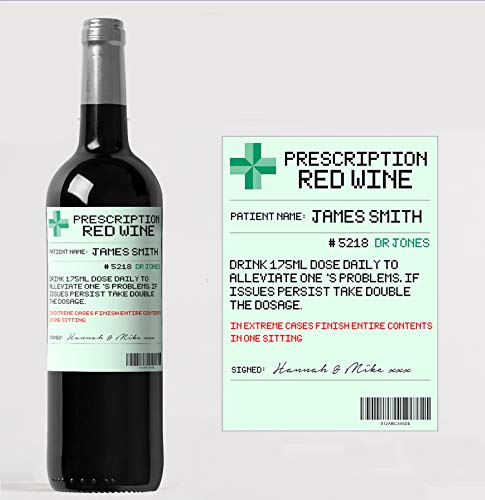 forefrontdesigns Personalised Novelty Prescription Red Wine Bottle Label - Funny Prescription Bottle Label for Alcohol - Spoof Prescription Wine Stickers for Bottles, Secret Santa,Joke Gifts
