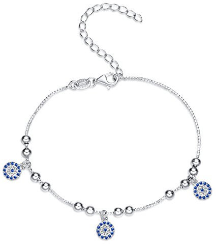Blue Evil Eye Link Bracelet in Sterling Silver 925 CZ Adjustable Box Chain 6.2+2 Extender