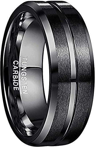 NUNCAD Men's Rings Black 8mm Tungsten Wedding Ring for Men Simple Band Ring with Groove Beveled Edges Size W
