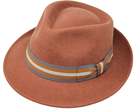 B&S Premium Doyle - Teardrop Fedora Hut - 100% Wollfilz - perfekt zum Reisen - was-serabweisend - Unisex - 54cm Bernstein