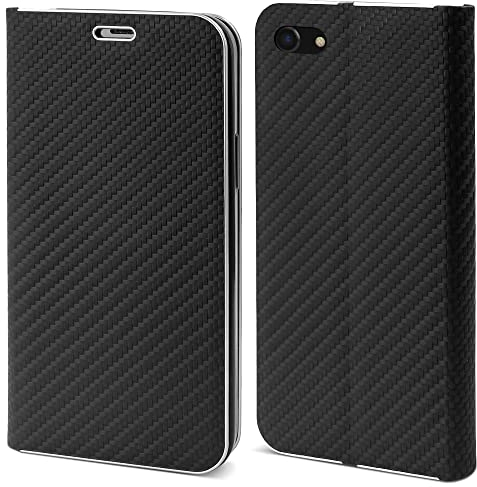 Moozy Hülle für iPhone SE 2020, iPhone 7, iPhone 8, Schwarz Carbon – Metallischer Kantenschutz Klapphülle Handyhülle mit Kartenfach und Standfunktion
