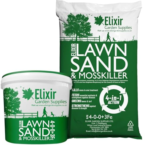Elixir Gardens Lawn Sand & Moss Killer with Added Iron Sulphate | Turf Treatment & Grass Green-Up Tonic | 500g - 25kg Weights | N.P.K 4-0-0+3% Fe | 2kg Bag | Treats upto 25sqm