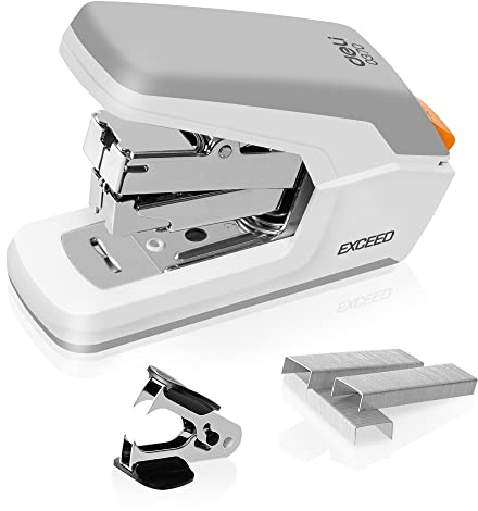 Deli Müheloses Tischhefter, Standard-Hefter, 25 Blatt Kapazität, ein Finger, kein Aufwand, inklusive Heftklammern & Heftklammerentferner, Weiß