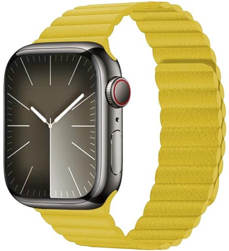 Cinturino in Pelle per Apple Watch Cinturino 49mm 45mm 44mm 42mm,Cinturini di Ricambio Pelle Magnetica a Due Lato per iWatch series Ultra 2/Ultra/9 8 7 6 SE 5 4 3 2 1,Giallo,41mm/42mm/45mm/49mm