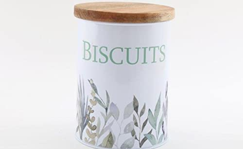 OLIVE GROVE - Vintage Round Lidded Biscuit Barrel Storage Tin / Cookie Kitchen Container - Pastel Sage & Lilac - 18 x 13 cm