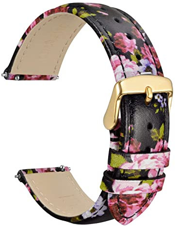 WOCCI 18mm Leather Watch Strap for Women with Floral Print, Quick Release Band, Gold Buckle (Fuchsia Peony)
