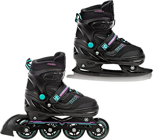 RAVEN Inline Skates Inliner für Kinder und Erwachsene OPTIONAL 2in1 mit Schlittschuhen verstellbar (Drill Mint/Pink mit Kufen, 34-37 (21,5cm-24cm))