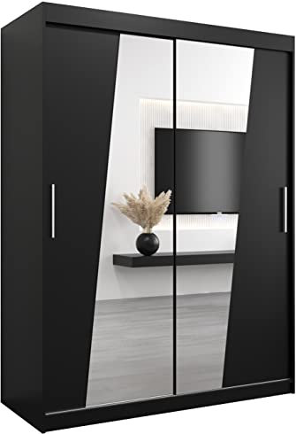 MEBLE KRYSPOL Rhomb150 Schlafzimmerschrank mit Zwei Schiebetüren, Spiegel, Kleiderstange und Regalen – 150x200x62cm - Mattschwarz