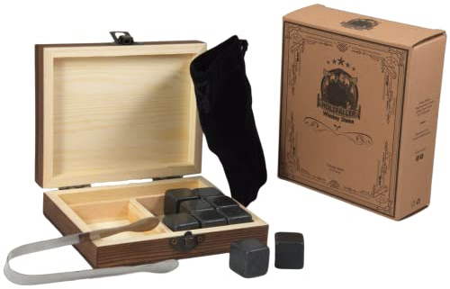 Whiskey Steine Set - 9 Eiswürfel wiederverwendbar aus Basalt mit Samtbeutel, hochwertiger Holzbox & Edelstahl Zange - Kein Verwässern - Geschenke für Männer - Vatertagsgeschenk