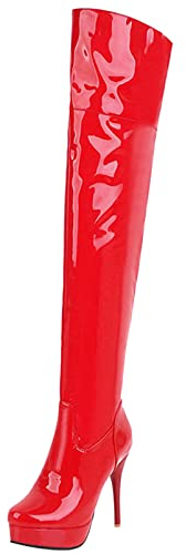Diuniarza Damen Höhe Ferse Overknee Stiefel, Partystiefel Stiletto Zip Runde Zehen Boots Mode mit Plateau, 20270Hzl Rot Gr 39 EU