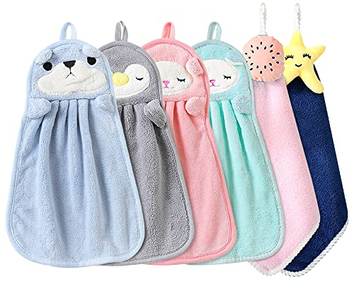 HAOTIAN-X 6 Stück niedliche Tiere Handtücher Set für die Küche, saugfähige weiche Koralle Samt Handtuch mit hängenden Schleife, schnell trocknen hängenden Gesicht Handtuch für Kinder (Cartoon)