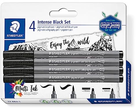 STAEDTLER pigment brush intense black Set, unterschiedliche Brush, Soft Brush, Kalligraphie und Outliner Spitzen, intensives schwarz, wasserfest, 4 pigment pens auf Blisterkarte, 37 BK4-1