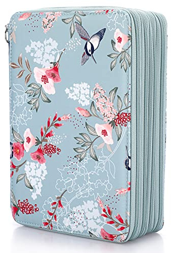 BSTKEY 200 Slots Pencil Wrap Case with Zipper, Bird Flower (No Pencil) | Polyester Colored Pencil Holder Pencil Pouch Bag Pen Storage Organizer for Students Teachers Art Enthusiasts