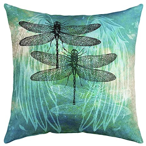 richhome Libellen-Kissenbezug,Batik-Aquarelldruck,quadratisch,Überwurf-Kissenbezug für Schlafzimmer,Dekoration,45x45cm,Flügel,Feder,Tiere,Muster,Dekorativer Kissenbezug,grün