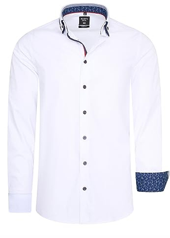 Rusty Neal Freizeit Hemd im Individuellem Kontrast Design Slim Fit Stretch Langarm mit Doppeltem Kragen 023, Farbe:Weiß, Größe S-3XL:XXL