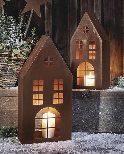 2X Windlicht Haus aus Metall mit Echt Rost Finish, Kerzenhalter 45 + 55 cm hoch, Dekohaus, Garten-Deko für Draußen