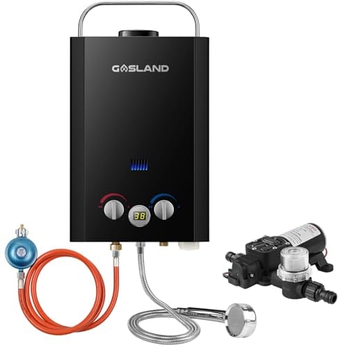 GASLAND BE158BP60 6L Tankless Gasdurchlauferhitzer 30/37mbar, LPG Durchlauferhitzer Tragbarer mit 12V Wasserpumpe für Campingdusche/Wohnmobilausflug/Waschpferd