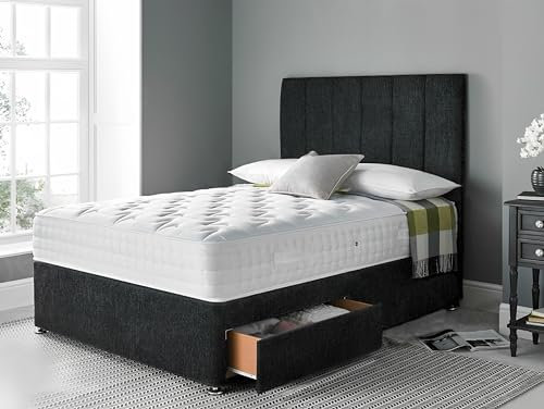 DBZ BEDS 6 FT Super King Size Bed Set with 2000 Series Mattress - Black Venice Divan Bed Set with Versatile Storage Options – 6 Panel Headboard with Chrome Glider Feet (SuperKing)