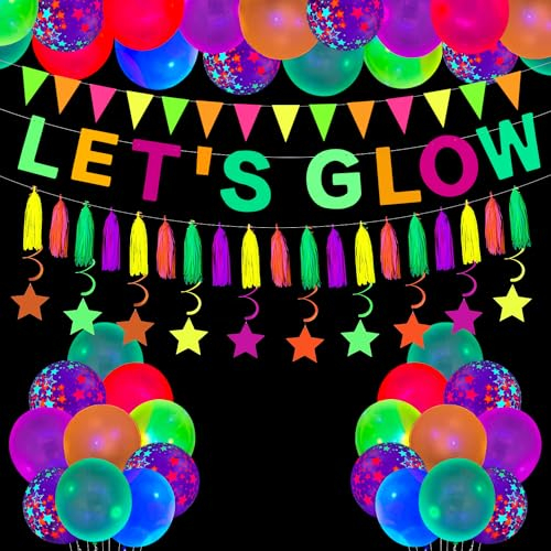 45 Pack Neon Party Zubehör Glühende Party Dekorationen-Let's Leuchtende Banner, leuchtende Luftballons, neonfarbene Papierquasten, neonfarbene Dreiecksfahne leuchten im Dunkeln Partyzubehör
