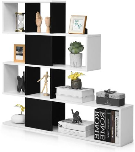 HOMASIS Librería de Escalera Independiente con 4 Niveles, Estantería separadora de habitación de Madera y Superficie Impermeable, Organizador de Exhibición para salón, 120x19,5x109cm (Negro+Blanco)
