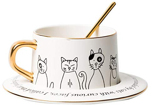 KOOLASA Ceramic Coffee Mug Sets Tea Cup with Spoon Saucer Cup and Saucer Sets 250ml Cats White