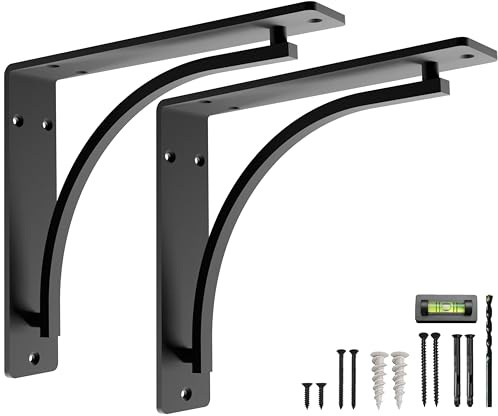 Classic Black Heavy Duty Shelf Brackets 12 inch by Balin Designs– L Bracket, Wall Mounted Support, Extra Wide Bracket, Decorative Shelf Brackets, Fireplace Mantel with Hardware Included, Set of 2