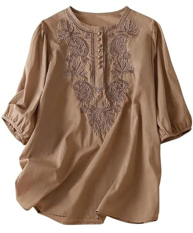 AMhomely Womens Cotton Linen Half Sleeve Embroidery Tunic Tops Oversized Casual Shirts Solid Buttons Tees Shirts Elegant Crewneck Pullover Tops Going Out Khaki XL