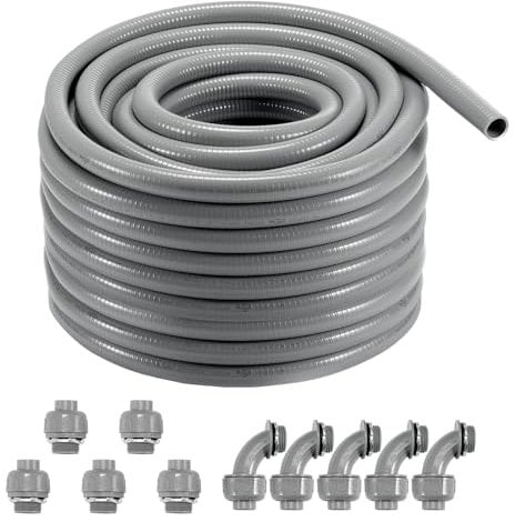 VEVOR Conducto Eléctrico Flexible de 25,4 mm, 30,5 m, Conducto Hermético de PVC no Metálico con 5 Accesorios de Conector de Conducto Rectos y 5 de 90 Grados para Bomba Controladora de Motor, IP65