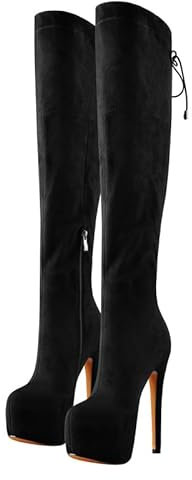 VERISSON Damen Plateau Stiefel Pfennigabsatz Overknee Boots Schnürstiefel Überknie Elegante Damenschuhe Velousoptik Schwarz 37 EU