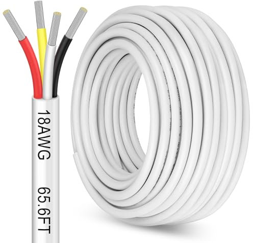 65.6FT 18 Gauge 4 Conductor Electrical Wire, 18 AWG Low Voltage Landscape Wire, 18/4 Thermostat Wire for LED Lighting Strips Automotive Security Alarm Speaker, White