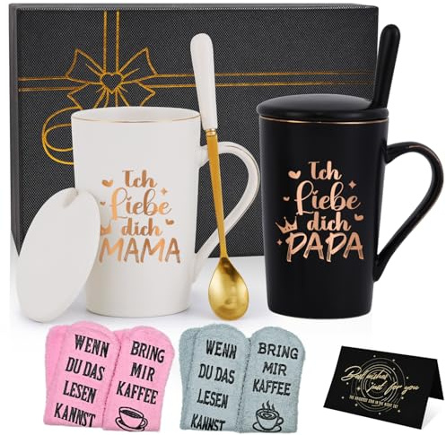 Joymaking Kaffeetasse Geschenkset mit Socke, Geschenk für Mama & Papa zum Muttertag Vatertag Weihnachten, Personalisierte Geschenkidee für Eltern Tasse Geschenkset, 400ml Schwarz Weiß